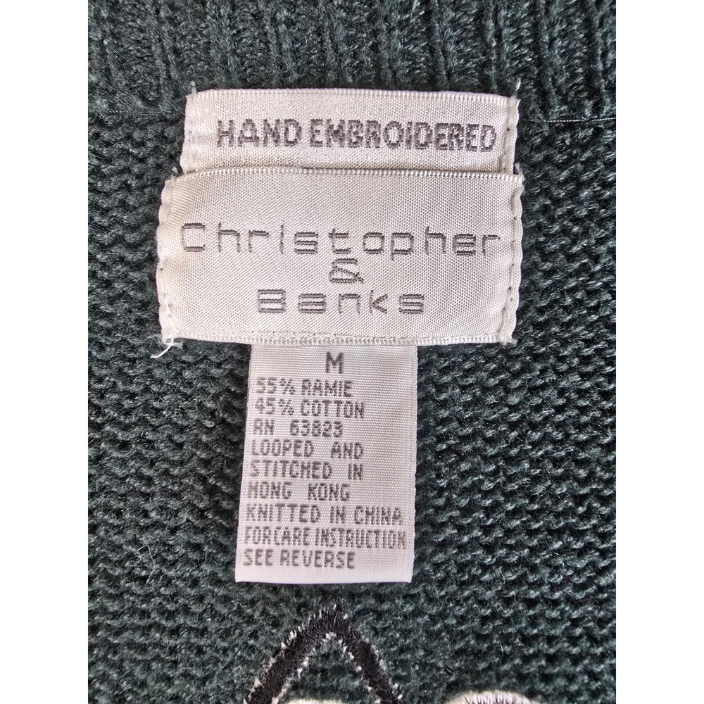 Vtg Christopher & Banks Green Ice Skating Cats Cardigan Sweater Embroidered M - Picture 7 of 13